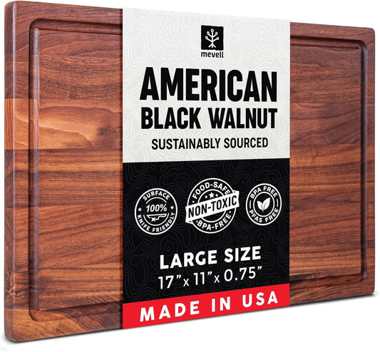 Walnut Wood Cutting Board for Kitchen, Reversible Wooden Chopping Board with Juice Grooves, Made in USA (Walnut, 17X11X0.75)