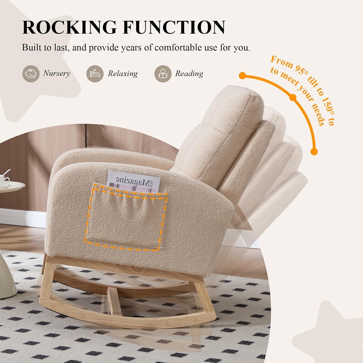 Nursery Rocking Chair, Teddy Upholstered Glider Chair with Side Pocket, Glider Rocker Chair with Tufted Back, Comfy Accent Nursing Chair for Living Room (Beige Retro)