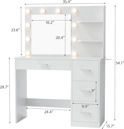 Vanity Desk with Mirror, 10 Lights, Power Outlet and 3 Storage Shelves, Makeup Table with 4 Drawers, 3 Color Modes, for Bedroom, White