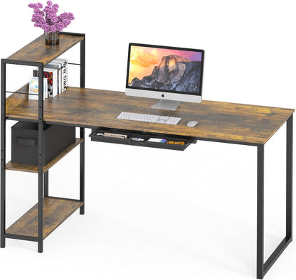 46-Inch Home Office Mission Computer Desk with Side Shelf and Drawer, Rustic Brown