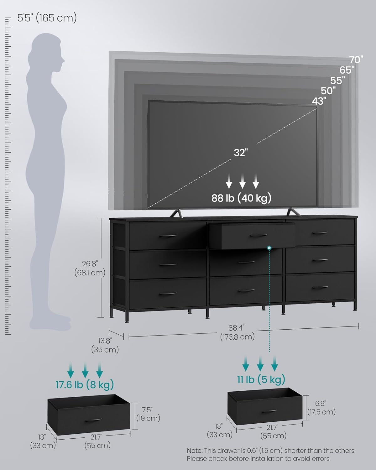 BELLAH Collection - Dresser for Bedroom, TV Stand for Tvs up to 70 Inches, Chest of Drawers for Living Room, Closet, Steel, 9 Drawers, Modern, Ink Black ULGS233BH02S