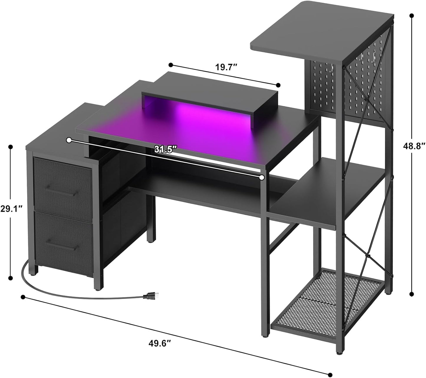 Small Gaming Desk with 2 Fabric Drawers - Reversible Computer Desk with Power Outlet & LED Lights, 49" Office Desk with Monitor Stand & Storage Shelves, Writing Study Table with Pegboard, Black