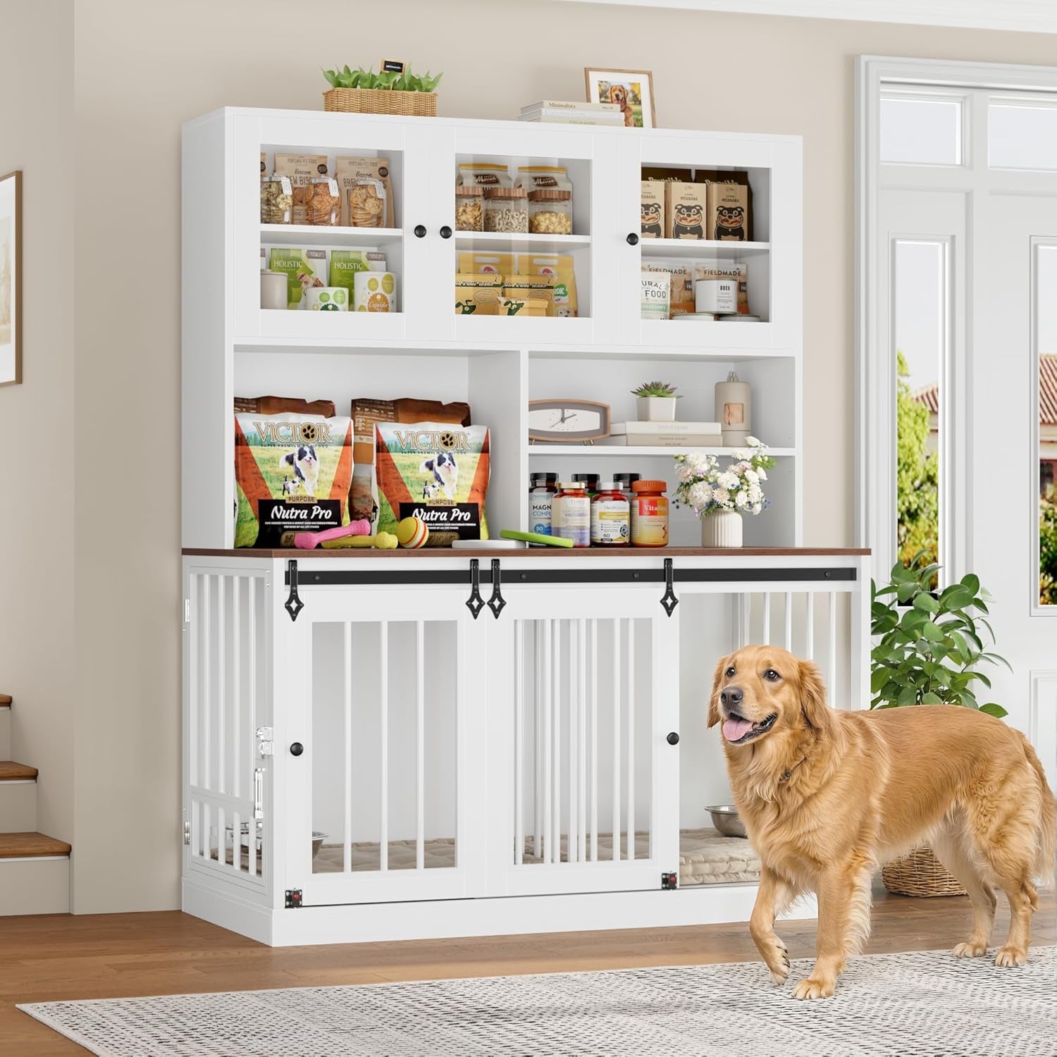 71"H X 55"L Large Dog Crate Furniture with Hutch Shelf and Glass Door, Indoor Dog Kennel with Divider and Feeding Bowls for Large Dogs 2 Pets, Heavy Duty Dog Cage Pet House with 4 Doors, Black