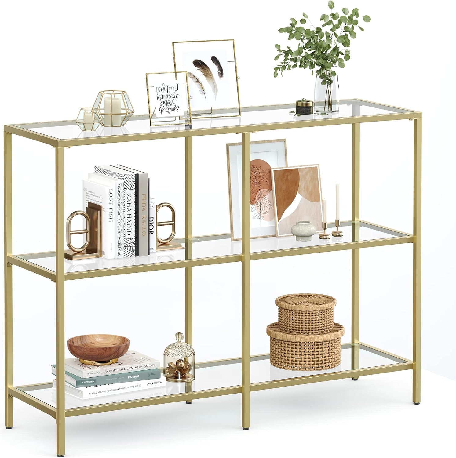 39.4 Inch Console Table with 3 Shelves, Set of 2 Sofa Tables, Modern Entryway Table, Metal Frame, Tempered Glass Shelf, Entryway Living Room Bedroom, Metallic Gold and Transparent ULGT999G01