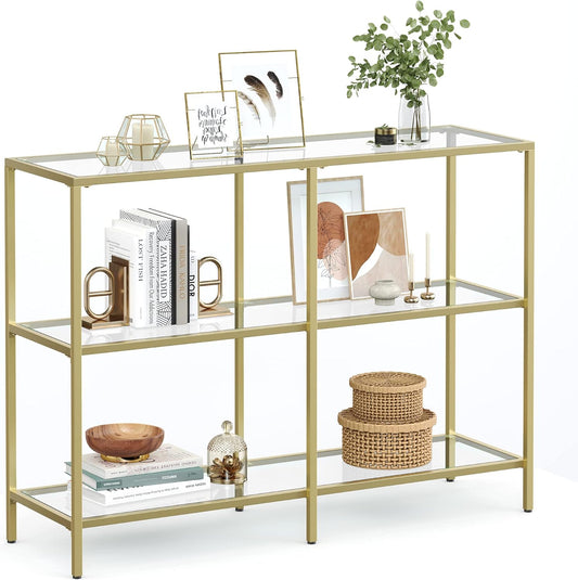 39.4 Inch Console Table with 3 Shelves, Sofa Tables, Modern Entryway Table, Metal Frame, Tempered Glass Shelf, Entryway Living Room Bedroom, Metallic Gold and Transparent ULGT27G