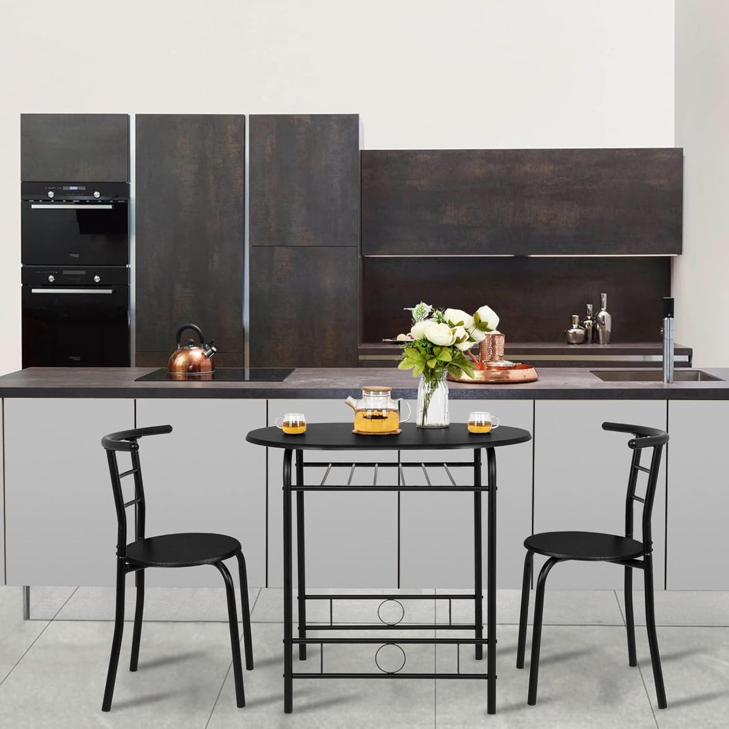 3 Piece Dining Set,Small Kitchen Table Set for 2,Breakfast Table Set,Kitchen Wooden Table and 2 Chairs for Small Space/Dining Room/Apartment,Metal Frame,Wine Rack,Black