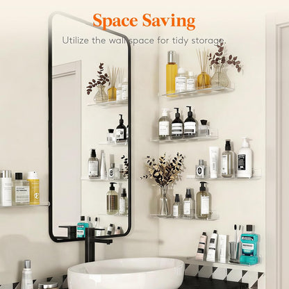 Floating Shelves for Bathroom, Acrylic Wall Organizer for Perfume, Makeup, Figures, Nail Polish, Photo, Book, 14" Decor Display Rack for Nursery, Living Room, Bedroom, Kitchen, Clear, 4 Pack