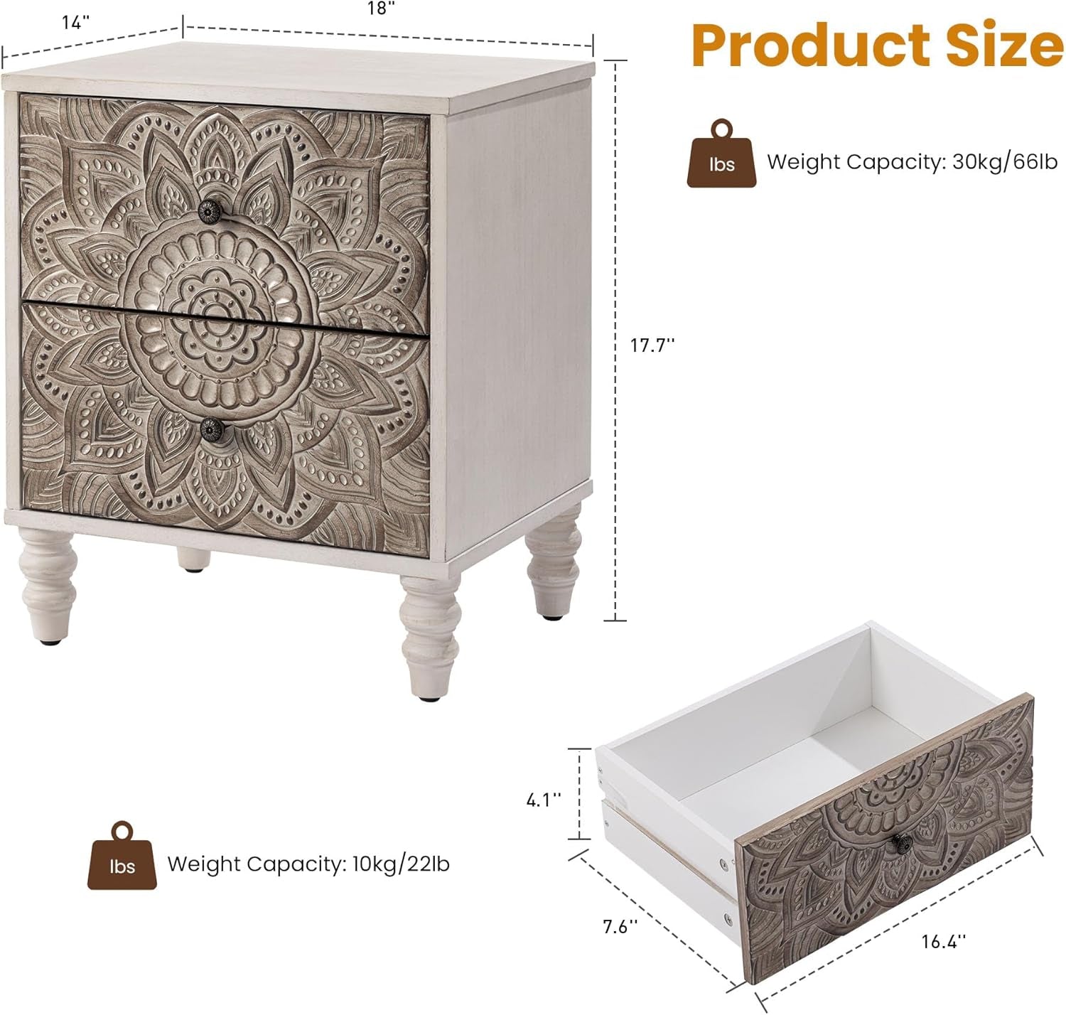 White Nightstands Set 2, Vintage Nightstands with 2 Drawers, Farmhouse Bedside Tables Set of 2, Easy to Assemble End Tables with Lotus Pattern for Small Spaces, Bedroom, Guest Room, White