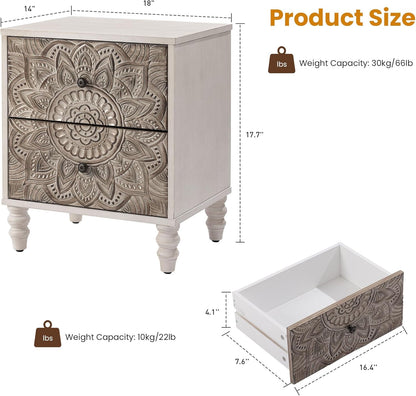 White Nightstands Set 2, Vintage Nightstands with 2 Drawers, Farmhouse Bedside Tables Set of 2, Easy to Assemble End Tables with Lotus Pattern for Small Spaces, Bedroom, Guest Room, White
