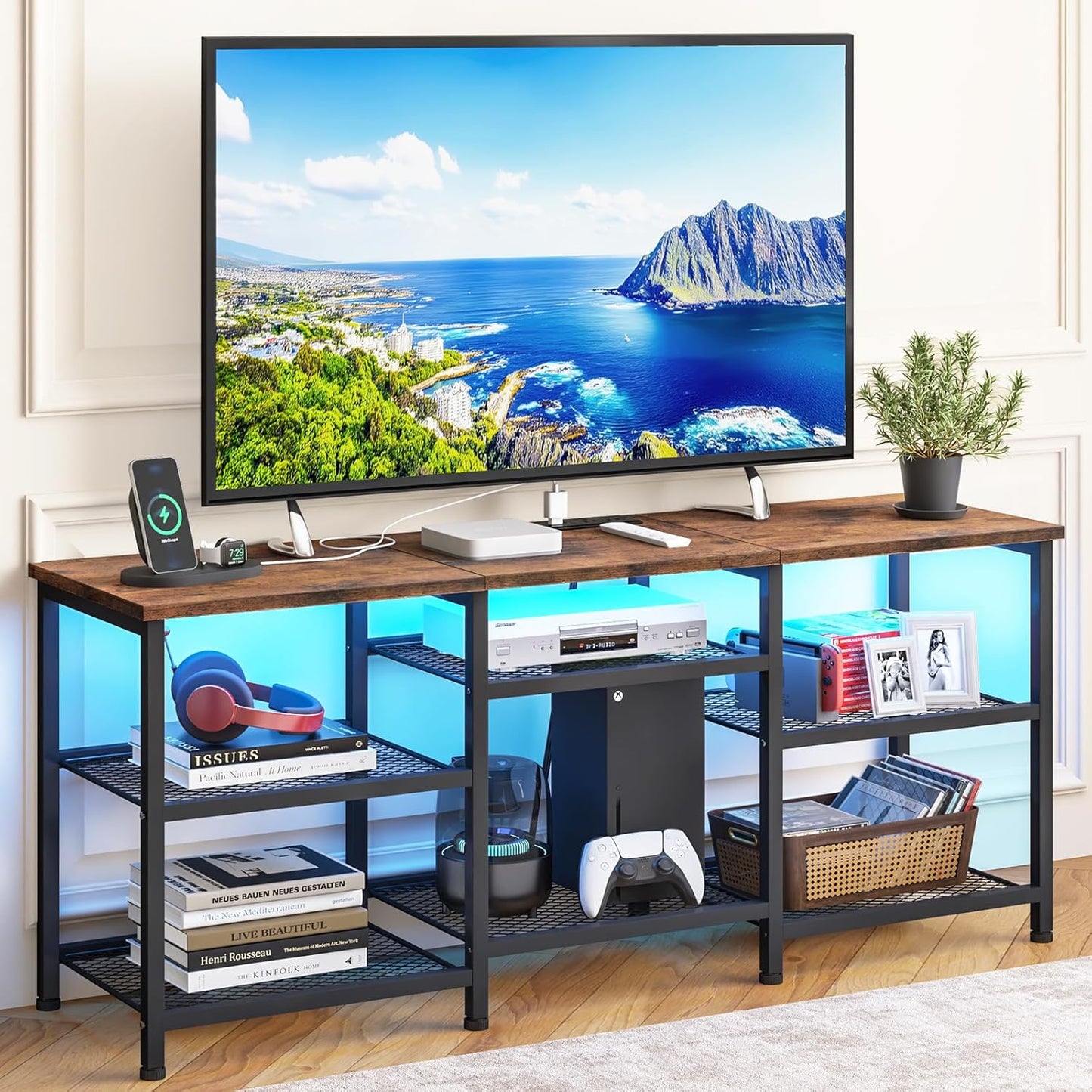 TV Stand for 55 Inch Tvs, Entertainment Center with Movable Shelf Panels, Power Outlet and LED Lights Open Storage Shelves, TV Media Console Table for Living Room and Bedroom, Rustic Brown