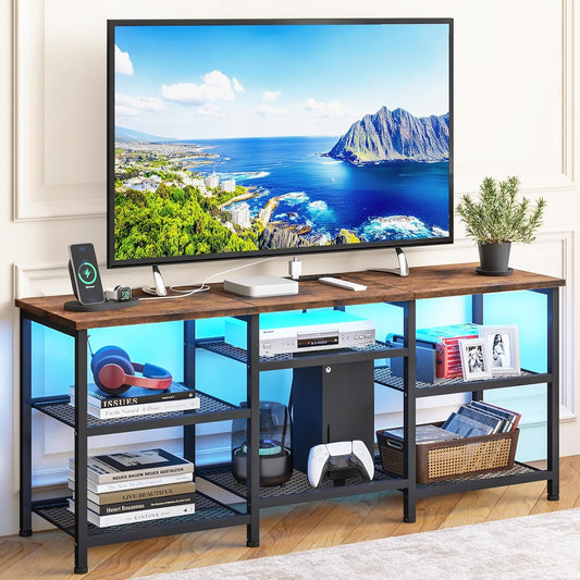 TV Stand for 55 Inch Tvs, Entertainment Center with Movable Shelf Panels, Power Outlet and LED Lights Open Storage Shelves, TV Media Console Table for Living Room and Bedroom, Rustic Brown