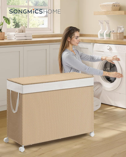 Laundry Hamper with 4 Section, 180 L Large Rolling Laundry Basket with Wheels, Rattan Clothes Basket with Lid, Removable Liner with Handles, Natural Beige and Matte White ULCB603N01