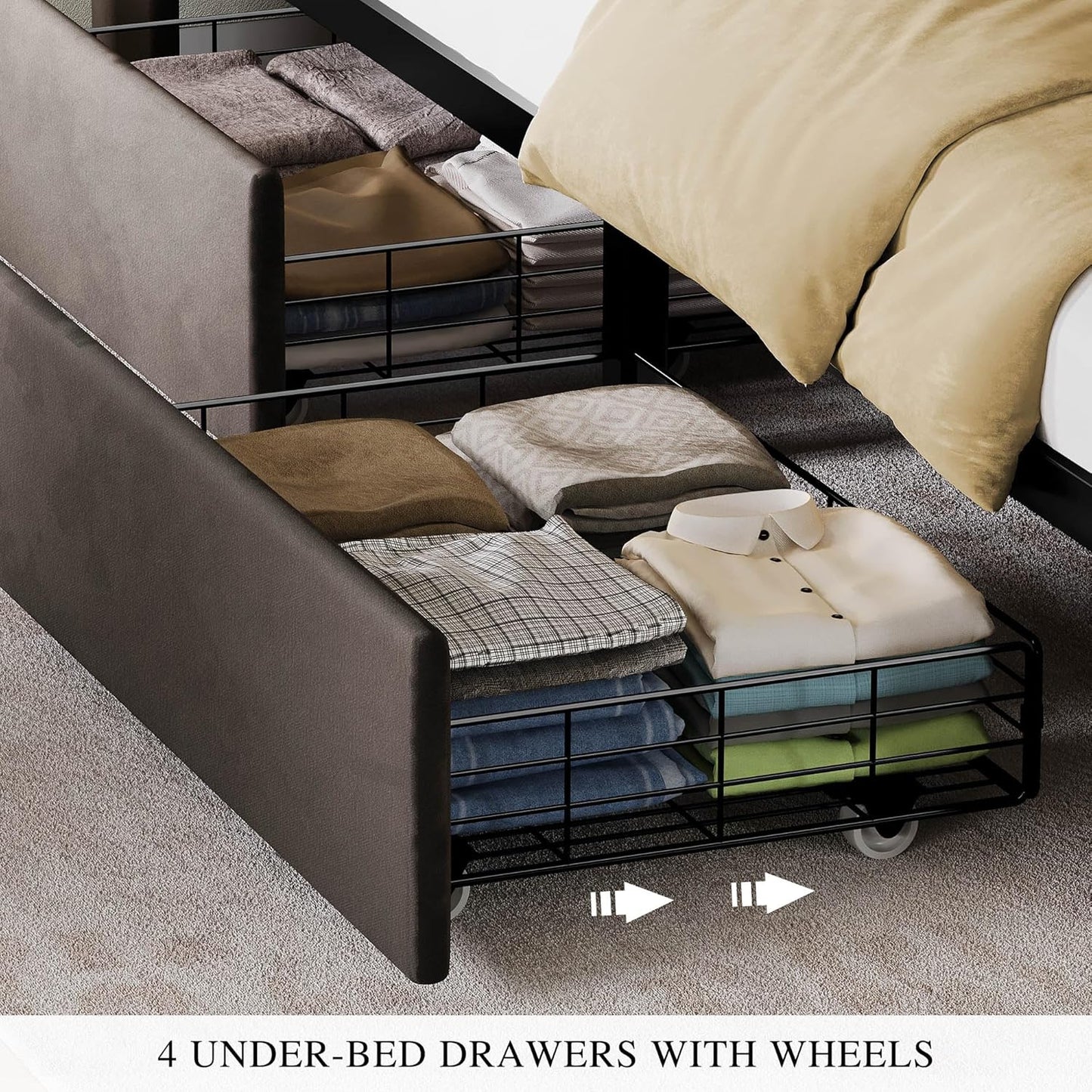 King Size Bed Frame with 4 Drawers and RGB LED Lights, Velvet Upholstered Platform Bed with Charging Station and Storage Headboard, No Box Spring Needed, Easy Assembly, Noise-Free, Grey