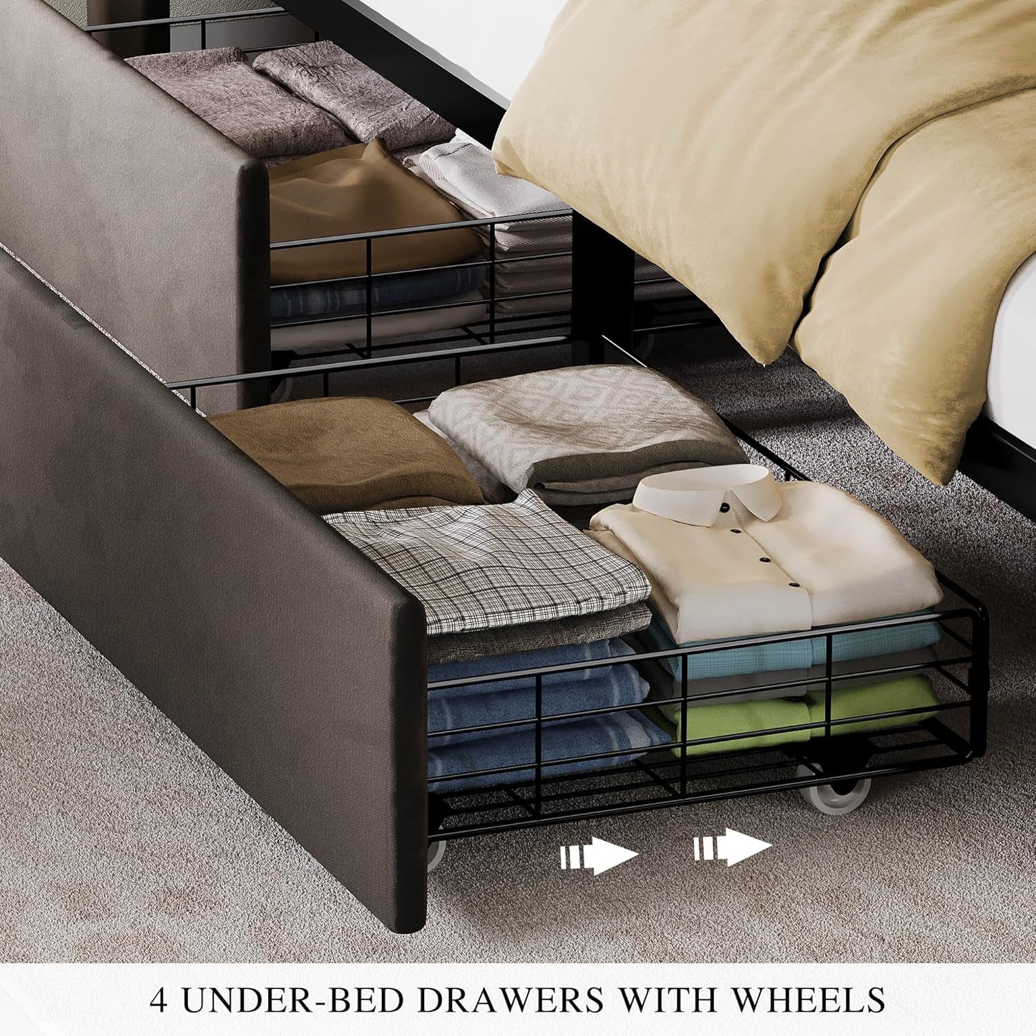 King Size Bed Frame with 4 Drawers and RGB LED Lights, Velvet Upholstered Platform Bed with Charging Station and Storage Headboard, No Box Spring Needed, Easy Assembly, Noise-Free, Grey