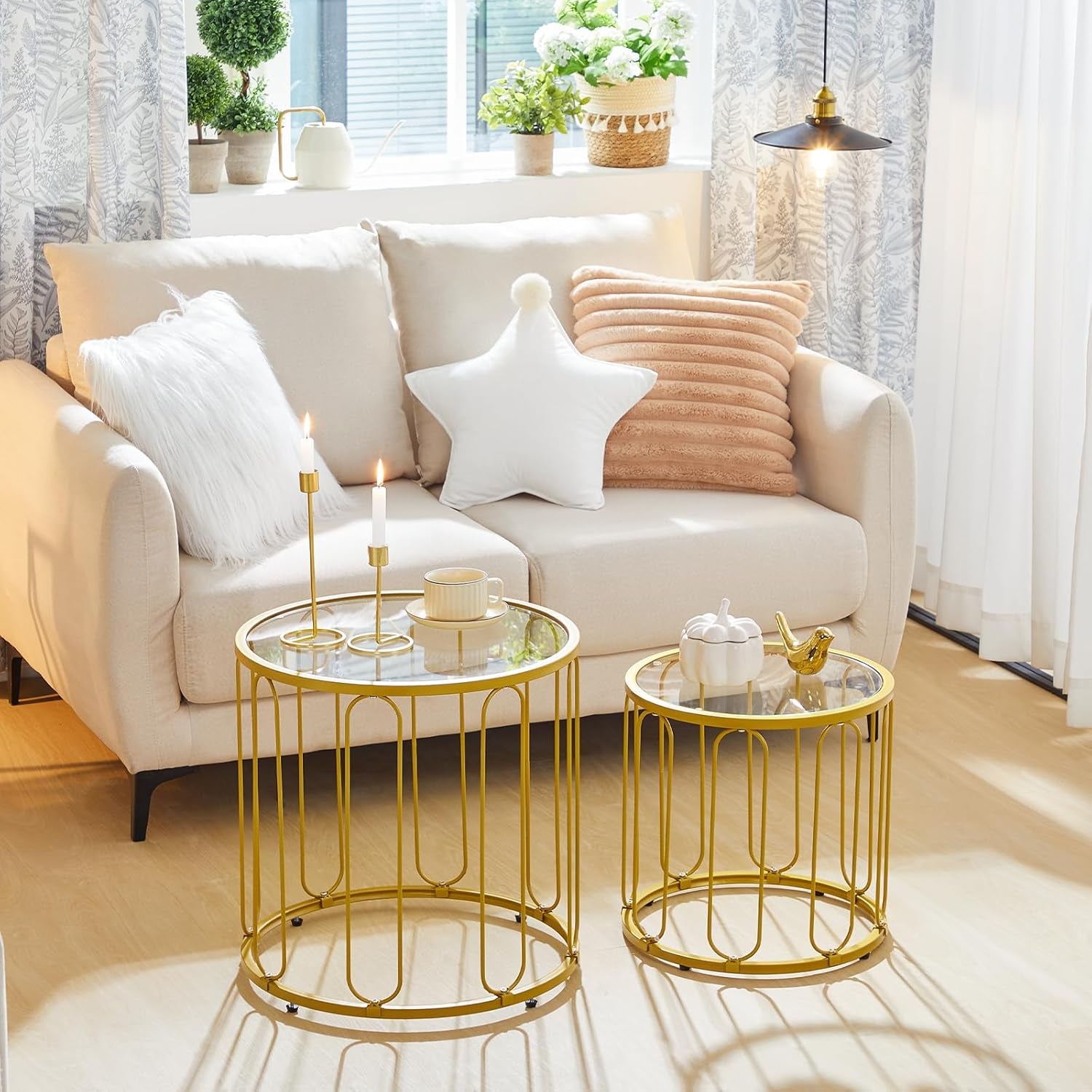Small Coffee Table Set of 2, Gold Accent End Tables with Metal Frame, round Coffee Side Table with Tempered Glass Tabletop, for Living Room, Bedroom, Gold GD113BZ01