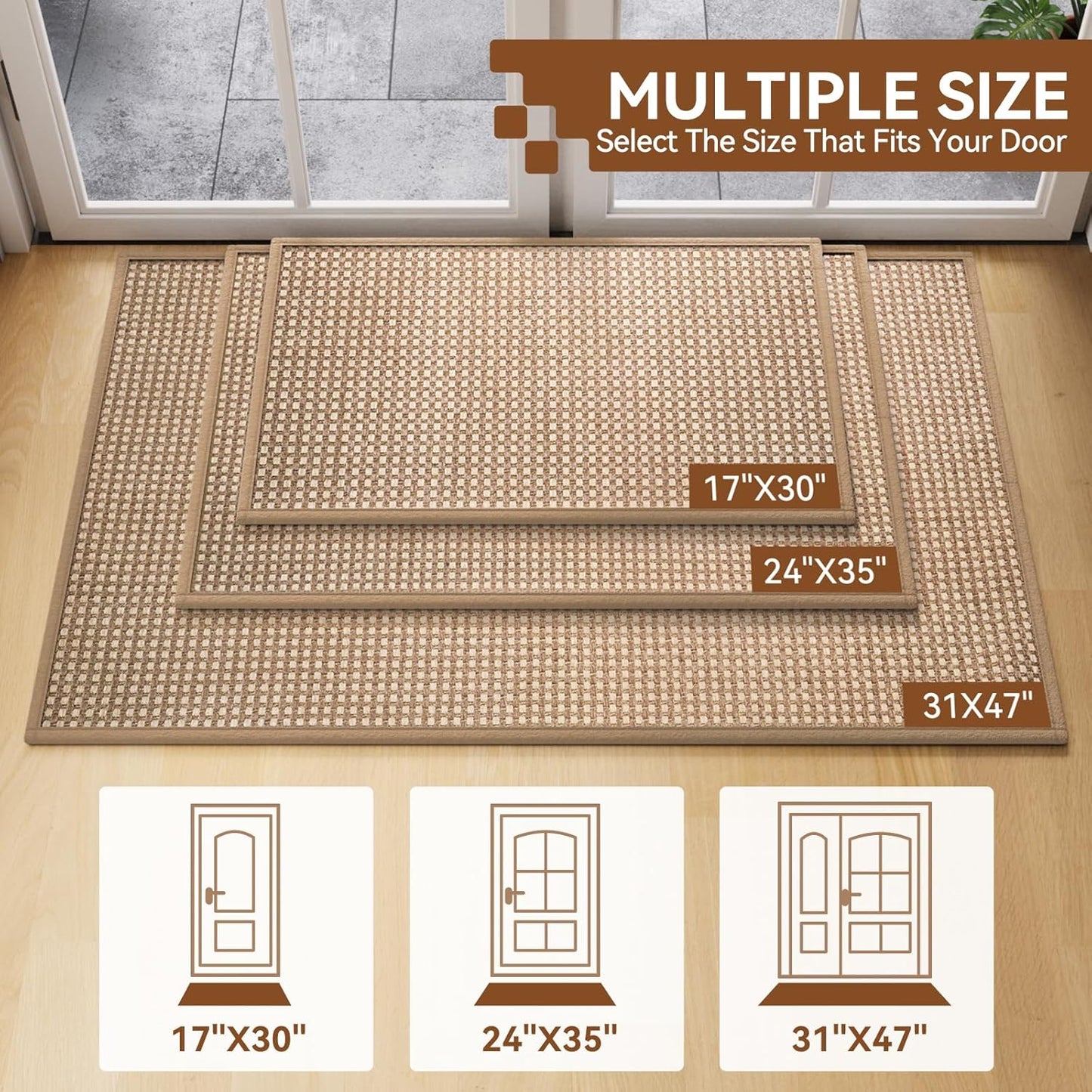 Front Door Mat 17''X30'', Absorbent Muddy Dirt Resist Washable Non Slip Low-Profile Indoor Doormat, Entryway Welcome Door Mats, Brown
