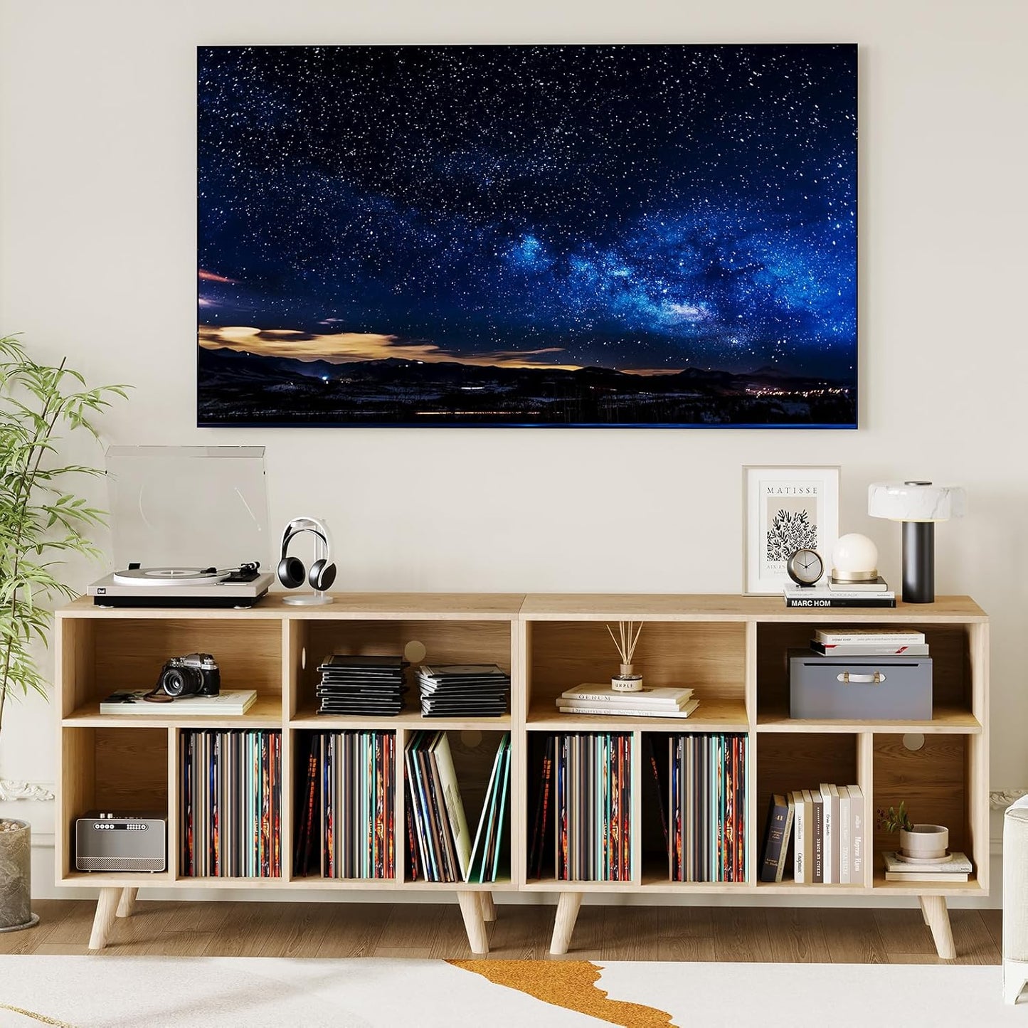 Record Player Stand with Vinyl Storage, 39.5In Large Vinyl Record Holder Player Cabinet Wood Turntable Stand up to 350 Albums with Charging Station for Living Room, Natural
