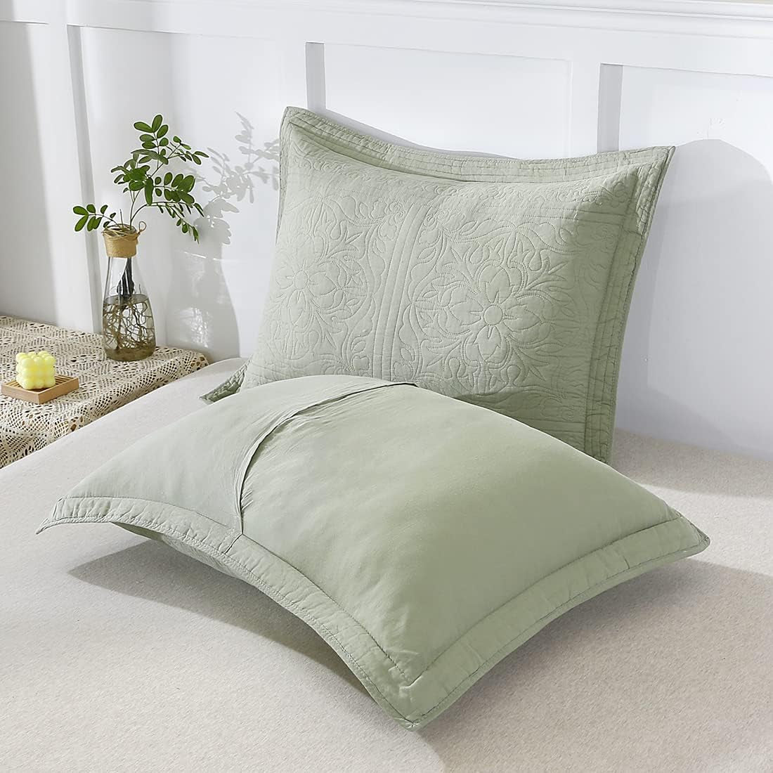 100% Cotton Quilted Pillow Sham Floral Printed Pillow Cover King Size, Set of 2, Green