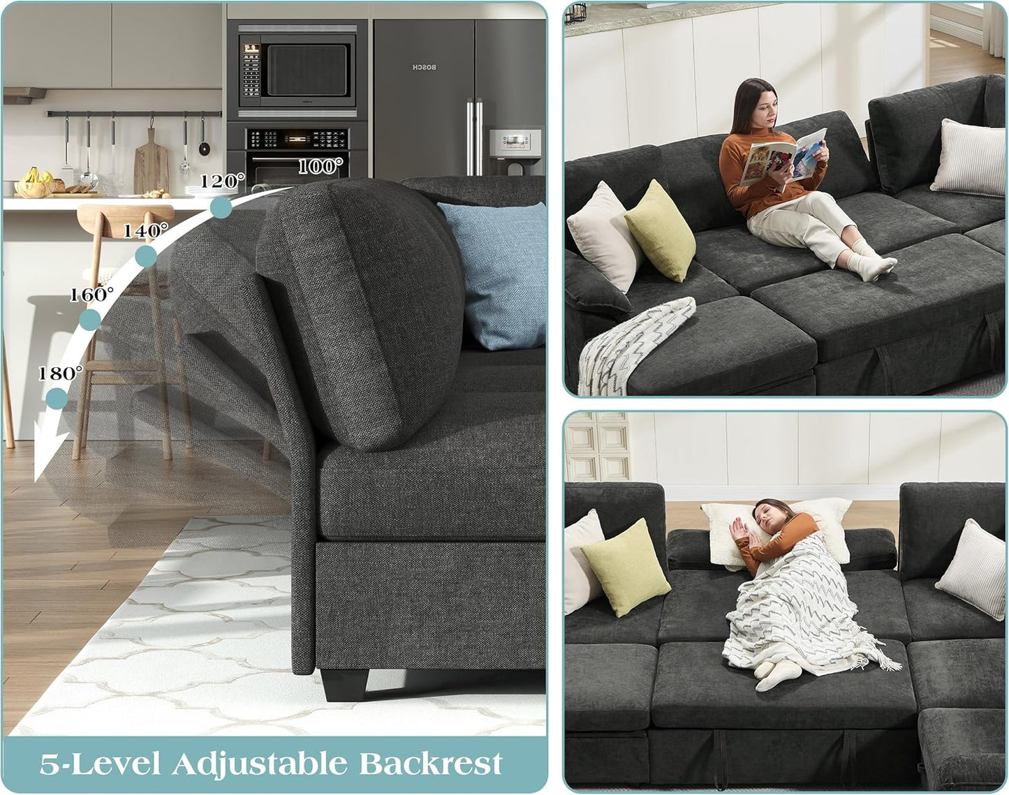 105" Sofa Bed, Sectional Sleeper Sofa with Pull Out Bed/Reclining Backrest, Sleeper Couch Bed with Storage, 6 Seater Couch Bed for Living Room, Chenille Dark Gray