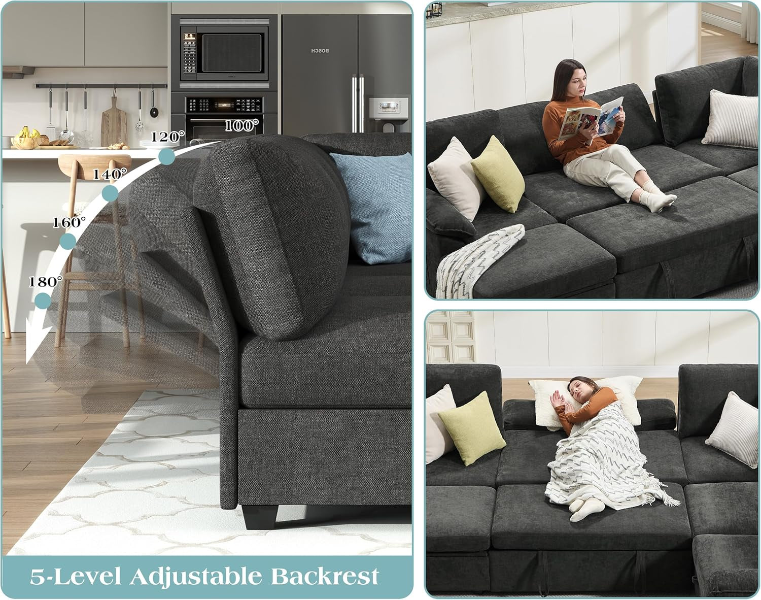105" Sofa Bed, Sectional Sleeper Sofa with Pull Out Bed/Reclining Backrest, Sleeper Couch Bed with Storage, 6 Seater Couch Bed for Living Room, Chenille Dark Gray