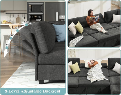105" Sofa Bed, Sectional Sleeper Sofa with Pull Out Bed/Reclining Backrest, Sleeper Couch Bed with Storage, 6 Seater Couch Bed for Living Room, Chenille Dark Gray
