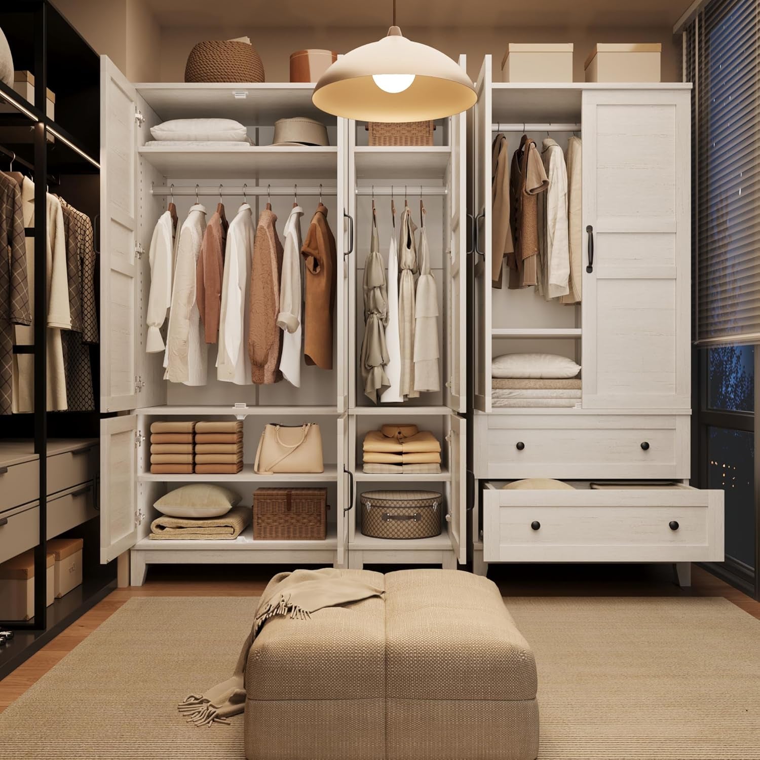 Armoire Wardrobe Closet with 4 Doors,72" Wooden Wardrobe Cabinet with Hanging Rod, Freestanding Tall Clothing Armoire Cabinet with 18 Adjustable Shelves for Bedroom, Clothes, Rustic White