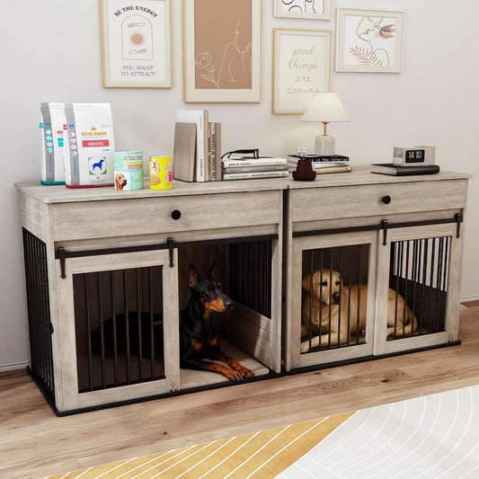 Large Dog Crate Furniture with Sliding Door & 360° Spinning Bowls | Durable Modern End Table for Medium & Large Dogs for Pet Owners (40-Inch)