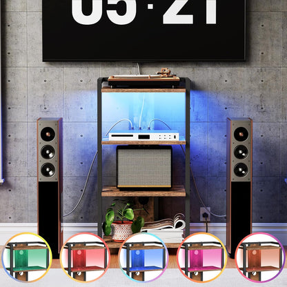 4-Tier AV Media Stand, Media Console with Charging Station and LED Light, Wooden Stereo Cabinet, Corner TV Stand, Record Player, Entertainment Device Stand, Rustic Brown and Black BF38UDCJ01