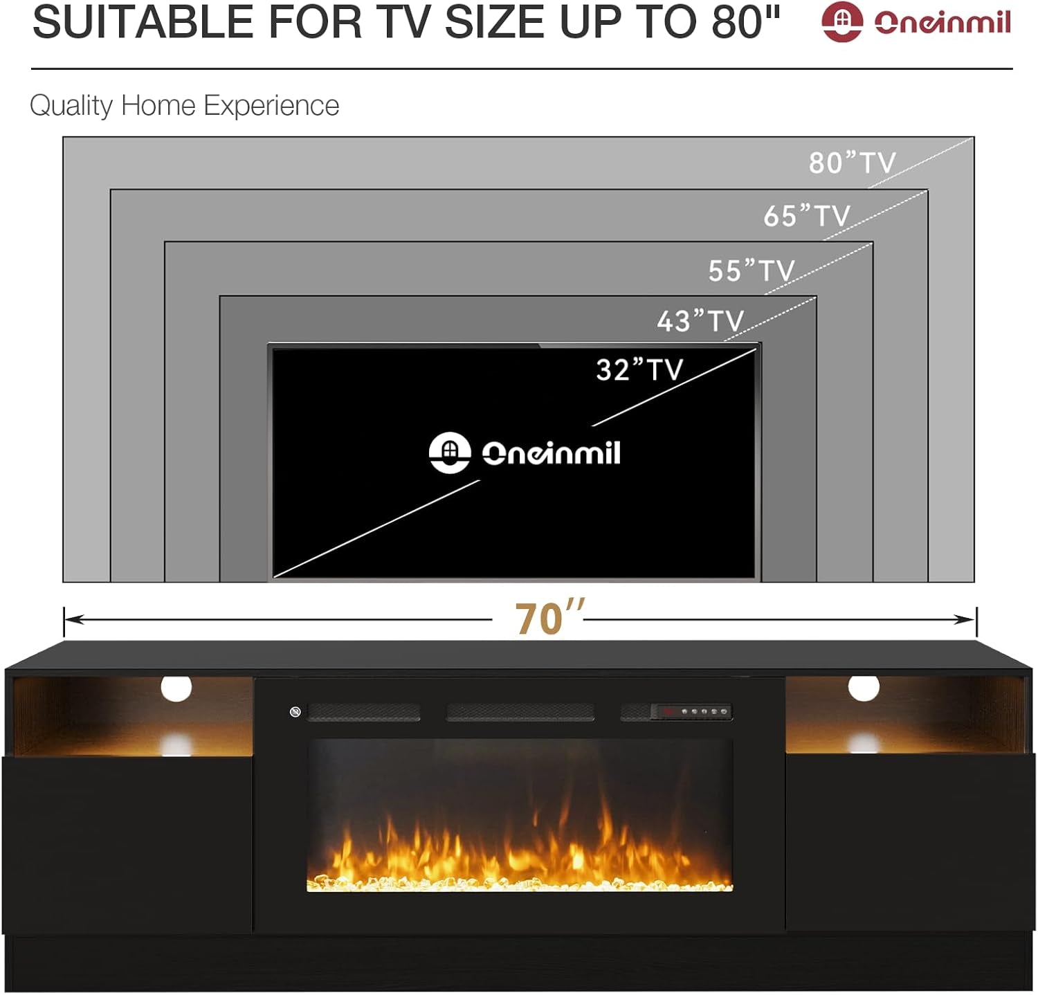 70” TV Stand with 36” Electric Fireplace, Large Modern Media Entertainment Center with Storage Cabinet and 12 Colors LED Lights for Tvs up to 80", Black TV Stand and Black Fireplace