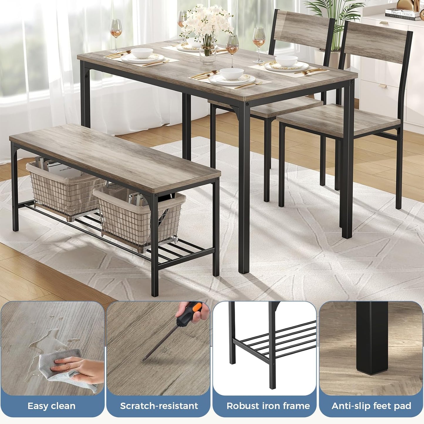 Dining Table Set, Dining Table for 4 with Bench, Kitchen Table, Space-Saving Ideal 4-Person Set for Dining Room Kitchen Apartment Corner Grey 4 Pack