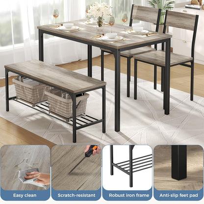 Dining Table Set, Dining Table for 4 with Bench, Kitchen Table, Space-Saving Ideal 4-Person Set for Dining Room Kitchen Apartment Corner Grey 4 Pack