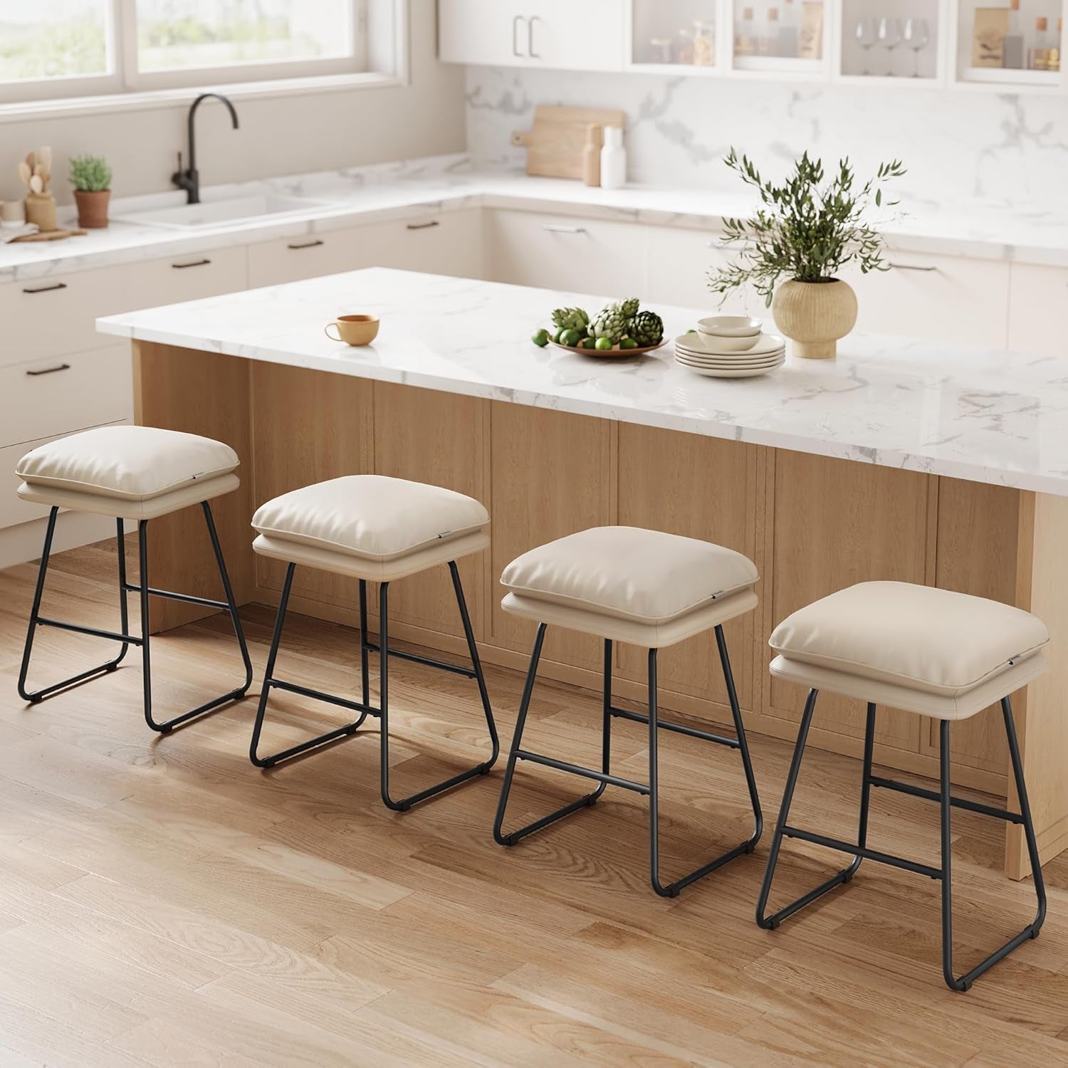 Bar Stools Set of 2, Counter Height Bar Stools, Leather Counter Stools Barstools with Soft Cushion and Metal Sled Legs, 25.6 Inches Bar Height Bar Chairs for Kitchen Island, Cappuccino Beige