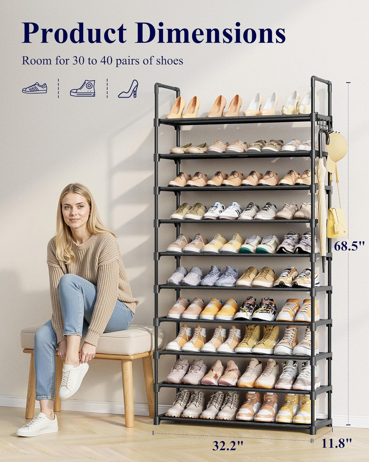 Shoe Rack for Closet - 10-Tier Shoe Organizer with Hook Rack, Large-Capacity & Space-Saving Shoe Shelf for Entryway, Bedroom, Living Room,32.2" X 11.8" X 68.5", Black
