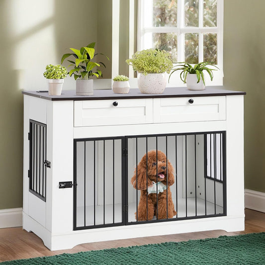 Dog Crate Furniture TV Stand with Charging Station-47.24"Heavy Duty Dog Kennel Furniture Tv Table with 2 Drawers Storage,Indoor TV Stand for Small Medium Dogs,For Bedroom Living Room (White, 1.2M)
