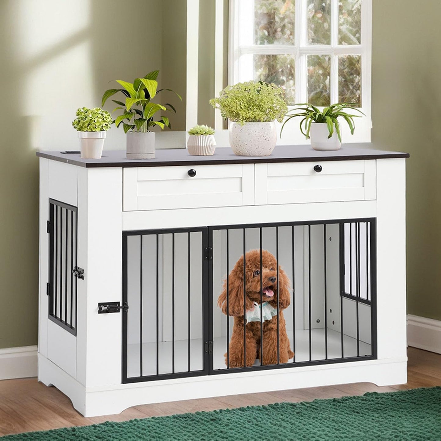 Dog Crate Furniture TV Stand with Charging Station-47.24" Heavy Duty Dog Kennel Furniture Tv Table with 2 Drawers Storage,Indoor TV Stand for Small Medium Dogs,For Bedroom Living Room (White, 1.8M)