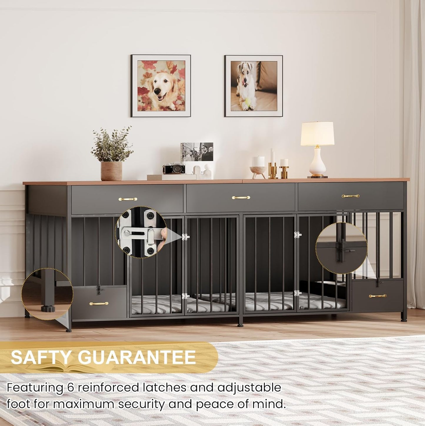 Large Dog Crate Furniture with Feeder, 91.5" Wooden Dog Kennel Furniture with 3 Drawer and Dog Bowls, Double Dog Crate TV Stand Table for Small Medium Large Dogs, Black