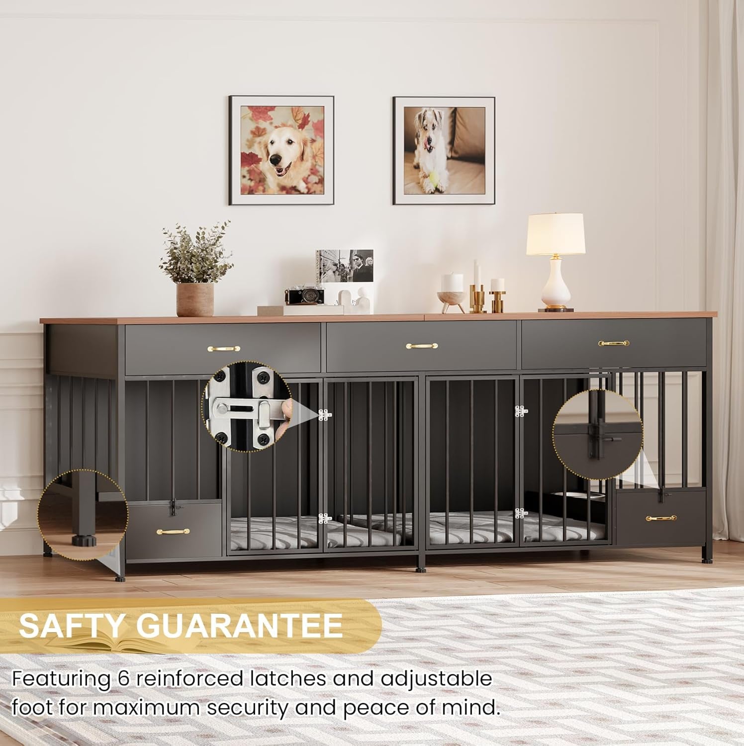 Large Dog Crate Furniture with Feeder, 91.5" Wooden Dog Kennel Furniture with 3 Drawer and Dog Bowls, Double Dog Crate TV Stand Table for Small Medium Large Dogs, Black