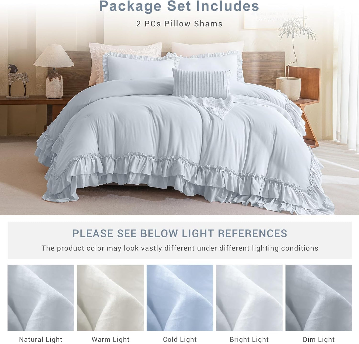 Light Blue Ruffle Pillow Shams King Size,2 Pack 20"X36" Pillow Sham,Shabby Boho Chic Farmhouse Bed Pillow Covers King Ultra Soft and Luxury Microfiber Vintage Pillowcases Set