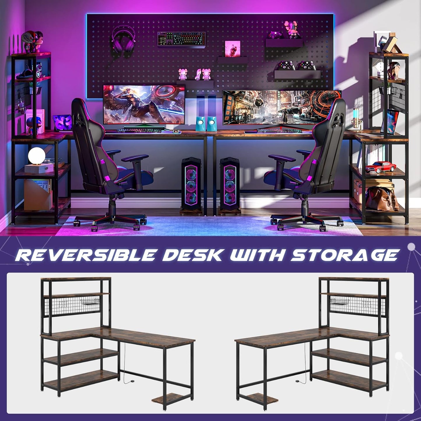 55" L-Shape Computer Desk with Hutch and Wireless Charging, Office Desk Study Table Writing Desk Workstation with 5 Shelves and Movable CPU Stand for Home Office (Brown)
