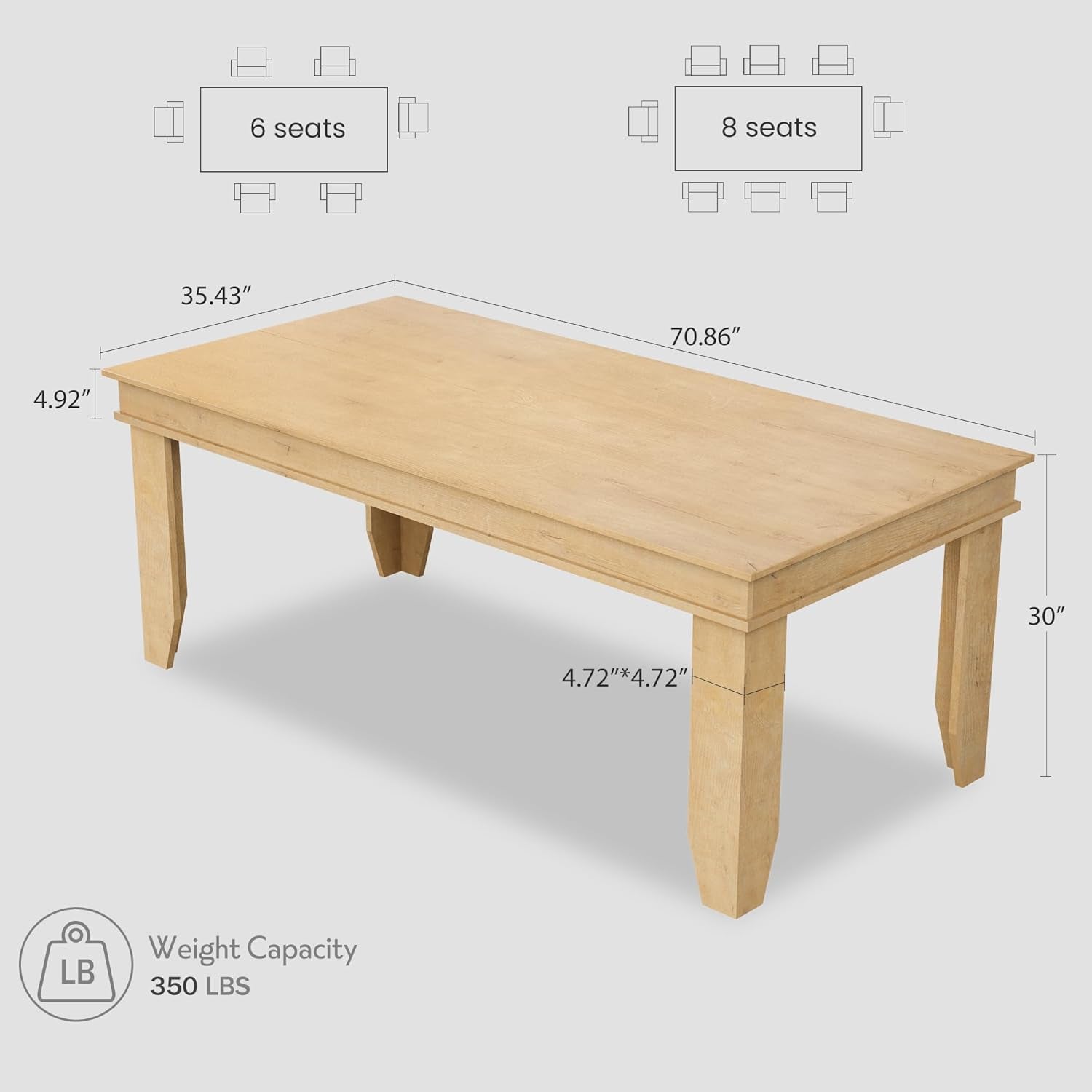 Farmhouse Dining Table for 6-8 People, 71 in Long Kitchen Tables with Wooden Sturdy Frame, 6 Ft Large Rectangular Dinner Table for Dining Room, Kitchen (Natural, 71" Non-Extendable)