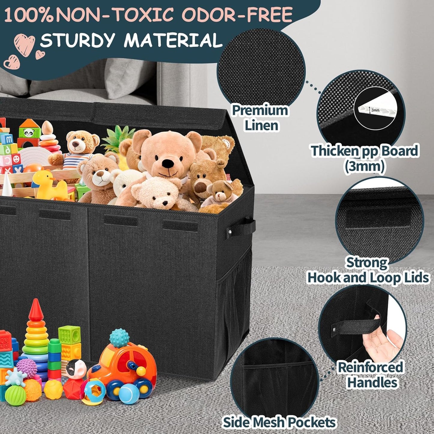 Extra Large Toy Box with Lids - Sturdy Collapsible Kids Storage Organizer Big Bin Chest Basket with Dividers for Boys Girls, Bedroom, Nursery, Living Room, Playroom Organization, 38"X16"X14", Black