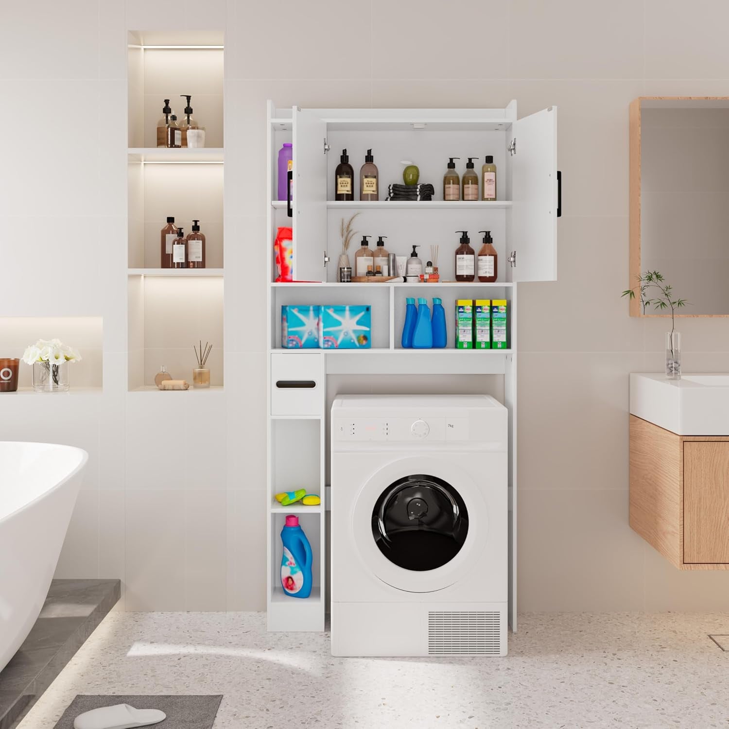 Over the Toilet Storage Cabinet, Tall Bathroom Cabinet Organizer with Adjustable Shelves and Toilet Paper Holder, 32" W Farmhouse Storage Cabinet with 2 Barn Doors for Laundry, Restroom, White