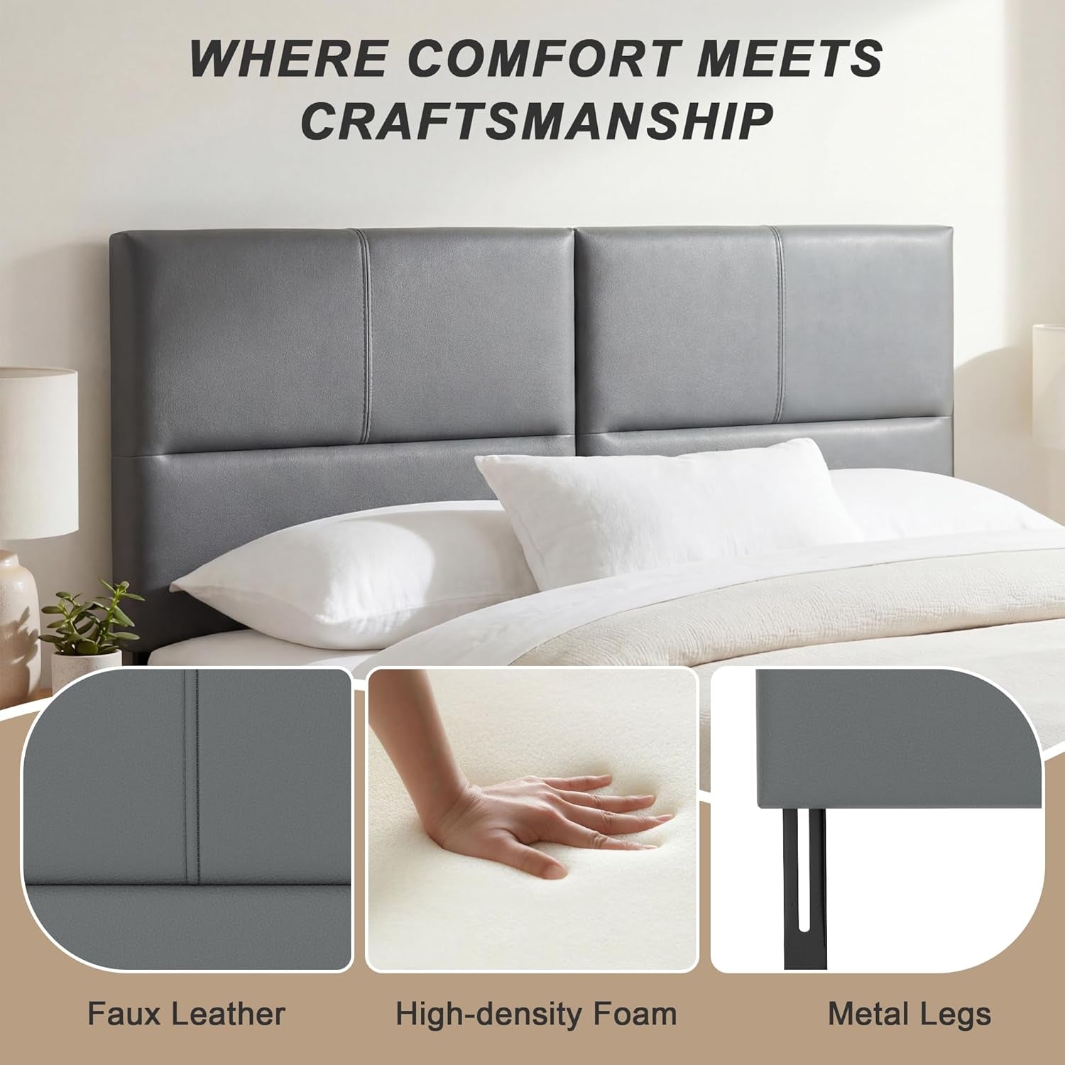 Upholstered Headboard King Size Headboards Eastern King/California King Faux Leather Panels with Durable Metal Legs Adjustable Height Bed Headboard Gray