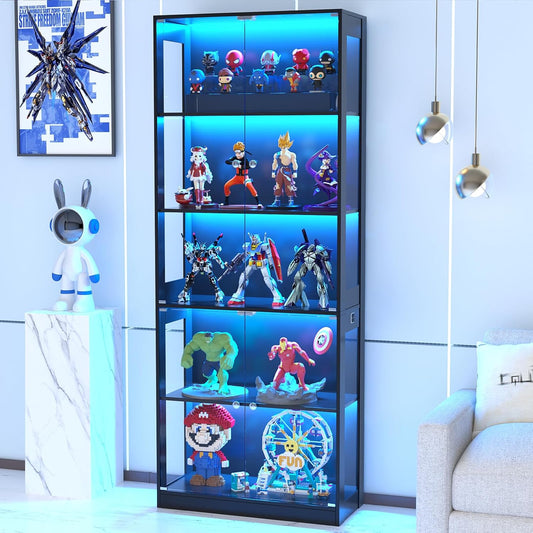 80'' Display Cabinet with Glass Door, 5-Tier Curio Cabinet for Collectibles Trophy, Glass Display Case with Human Body Sensor, 3 Color Lights, Bookcase Storage Cabinets for Living Room, Study