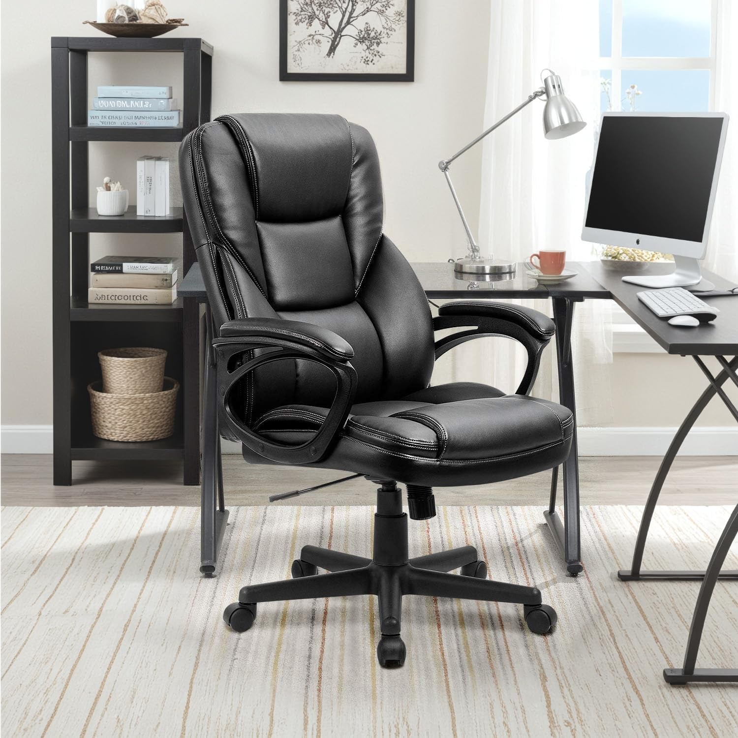 Office Executive Chair High Back Adjustable Managerial Home Desk Chair, Swivel Computer PU Leather Chair with Lumbar Support (1, Black)