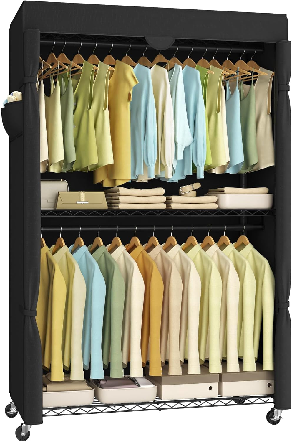 Heavy-Duty Clothes Rack, Garment Rack, Portable Closet, 68.7-Inch Wide Clothing Rack with Adjustable Mesh Shelves and Hanging Rails, Ink Black ULGR433B01