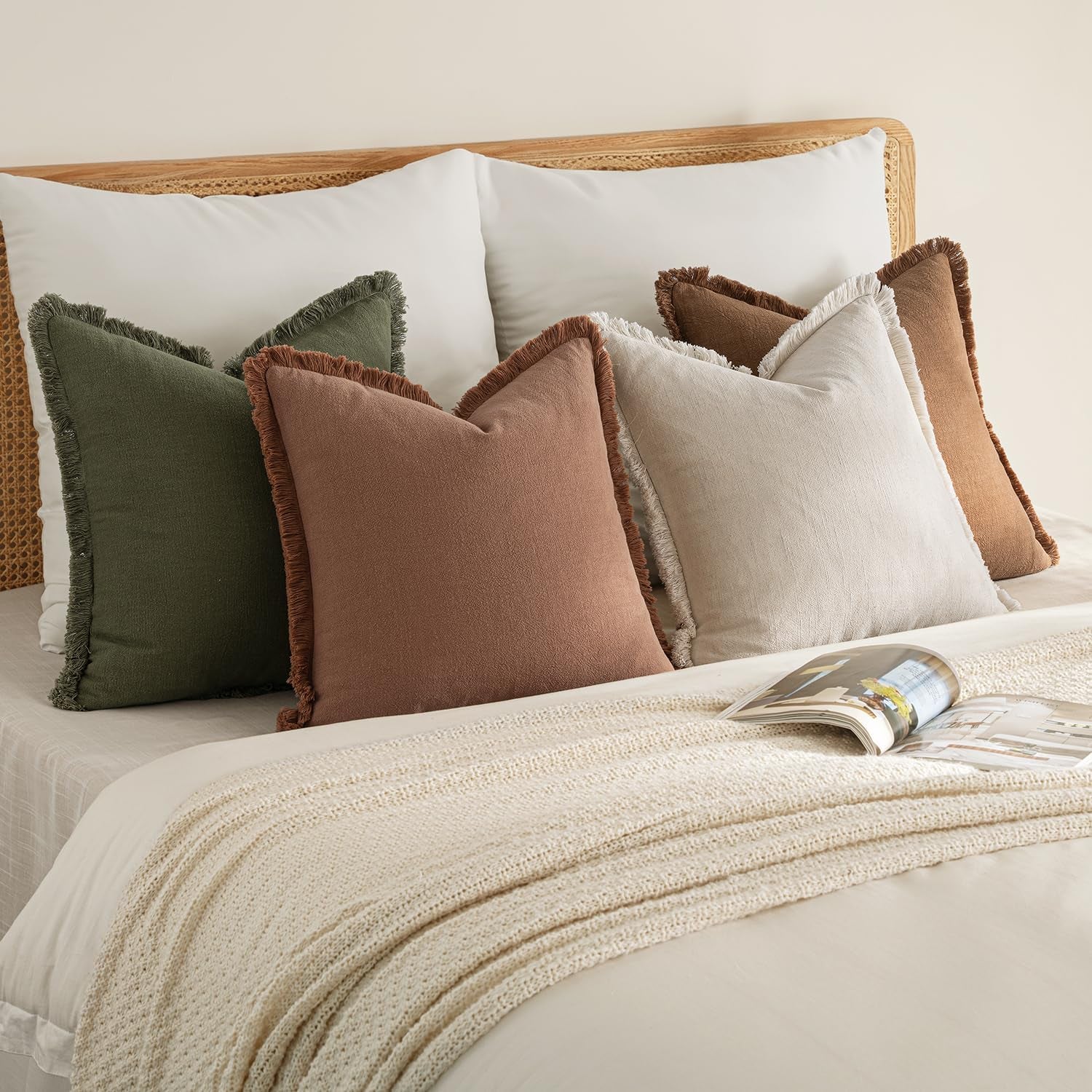 Fall Decorative Couch Pillow Covers Neutral Linen Fringe Throw Pillows Set of 4 Soft Rustic Cushions Boho Farmhouse Pillowcases for Bed Sofa Living Room Home Decor 18X18 Inch Beige/Brown/Green