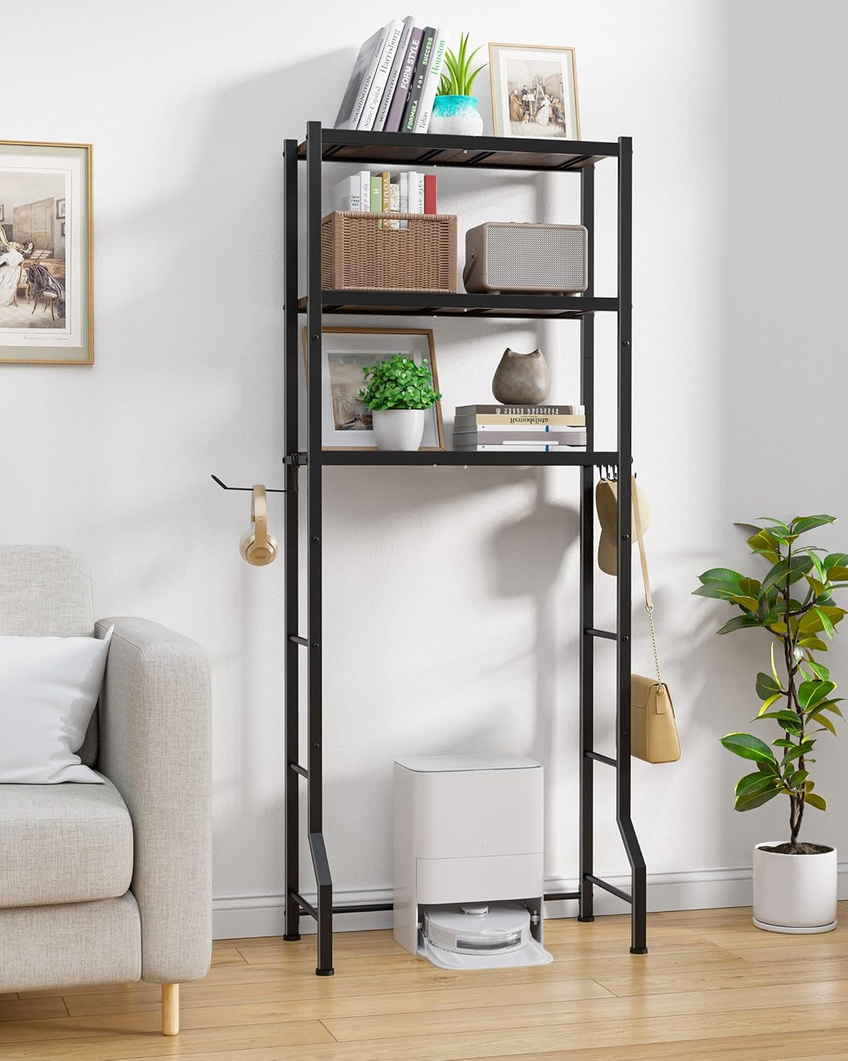 Over-The-Toilet Storage Rack - Freestanding over the Toilet Storage Cabinet with Paper Holder & Hooks, Bathroom Organizers and Storage, Brown + Black, 3 Tiers (61" H)