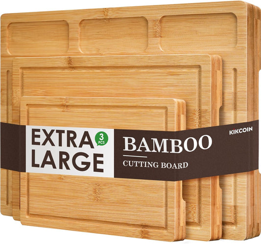 Bamboo Cutting Boards for Kitchen, (Set of 3) Kitchen Chopping Board with 3 Built-In Compartments and Juice Groove Heavy Duty Serving Tray Wood Butcher Block and Wooden Carving Board,
