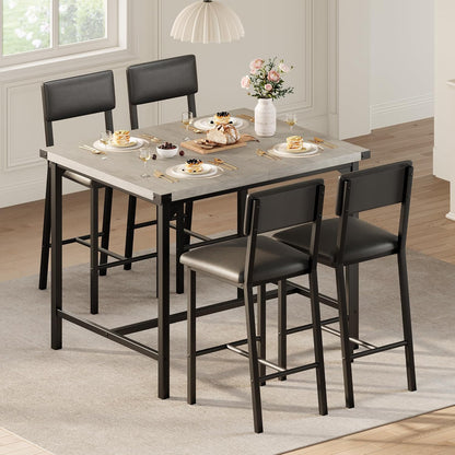 Dining Table Set for 4 W/Footrest & Corner Protector, 5-Piece Kitchen Table Set with Counter Height Table & 4 Upholstered Bar Stools, for Kitchen Room, Apartment, Pub, Retro Gray